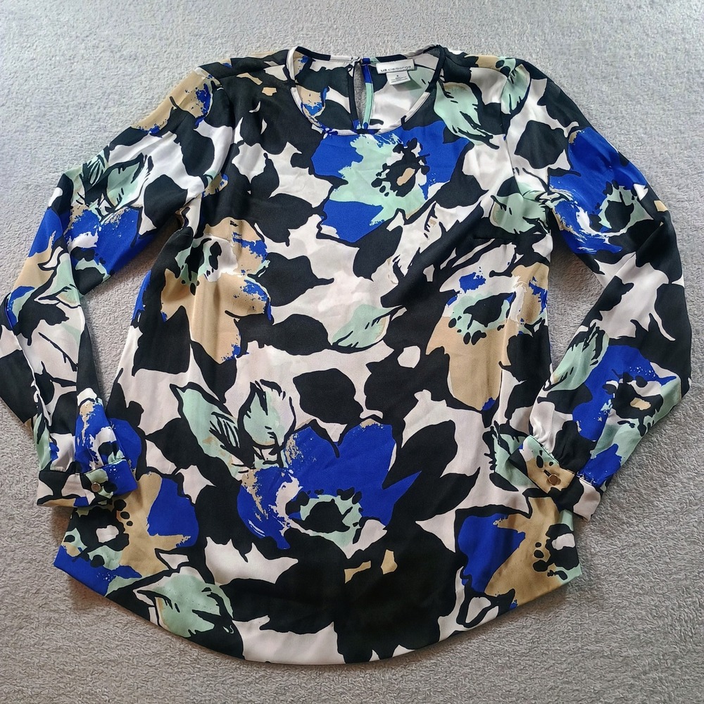 Liz Claiborne Women Floral Blouse Blue Green 6 Abstract Long Sleeve Top